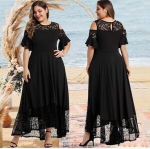 LALAGEN Womens Plus Size Lace Cold Shoulder Casual Long Plain Evening Maxi Dress